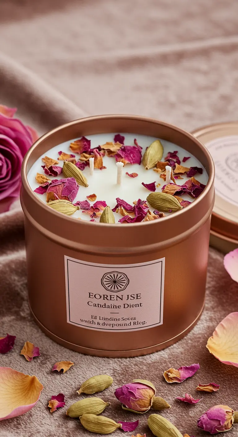 Vela en lata de oro rosa con pétalos de rosa secos y semillas de cardamomo.