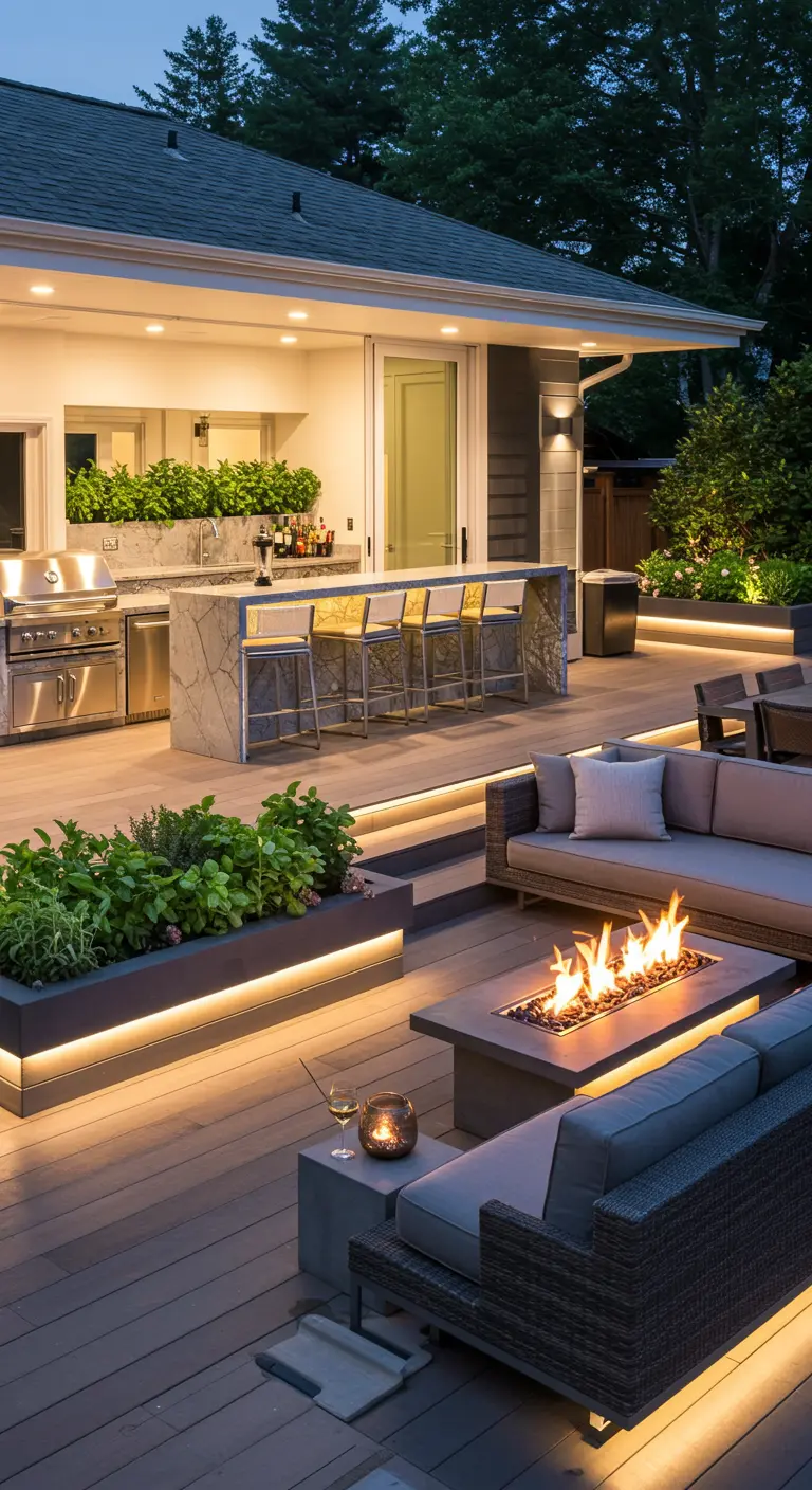 Terraza de lujo con cocina exterior, barra de mármol, fogón y jardineras iluminadas.