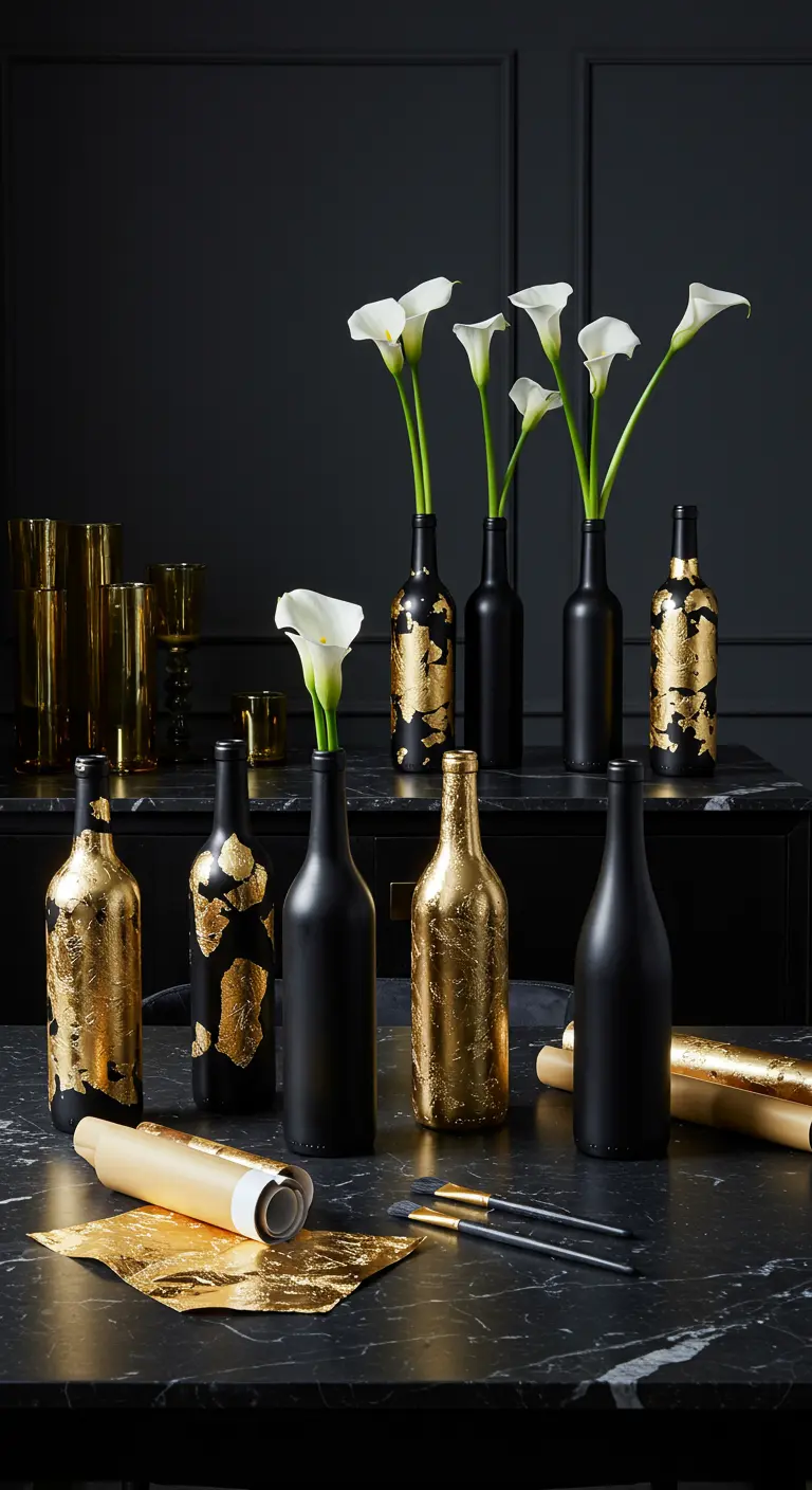 Elegantes floreros de botella de vino en negro mate con detalles de pan de oro y calas blancas.