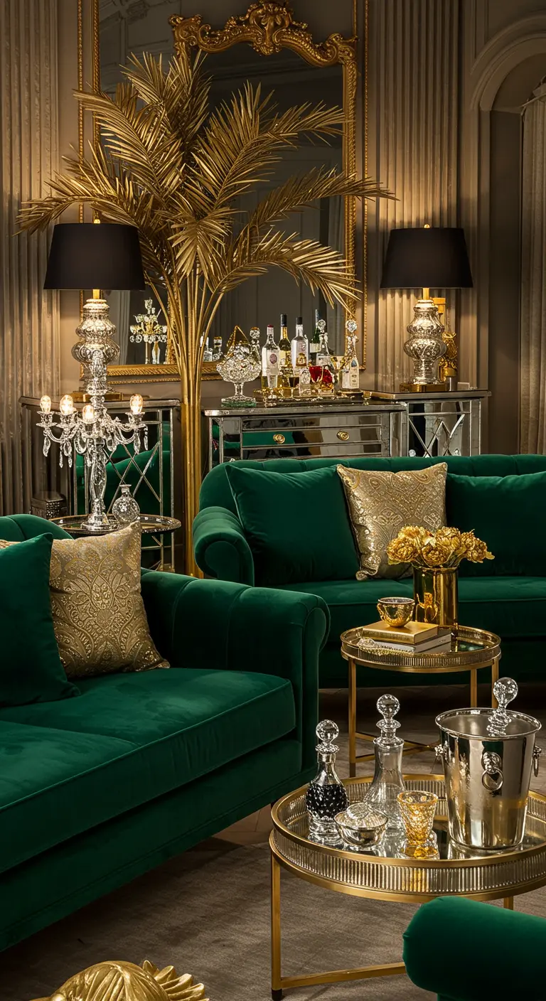 Salón lujoso con sofás de terciopelo verde esmeralda y abundantes detalles dorados.
