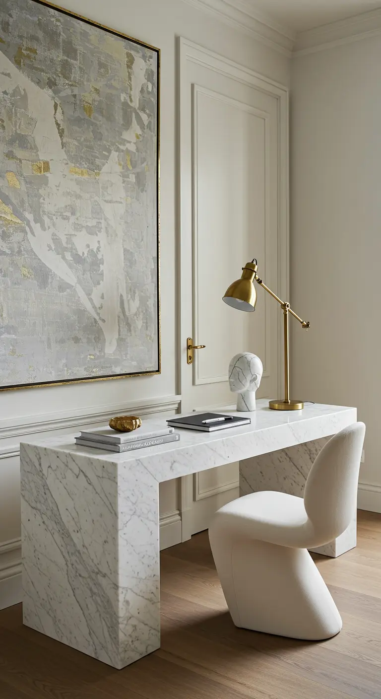 Escritorio minimalista de mármol blanco veteado con una silla de diseño y una obra de arte grande.