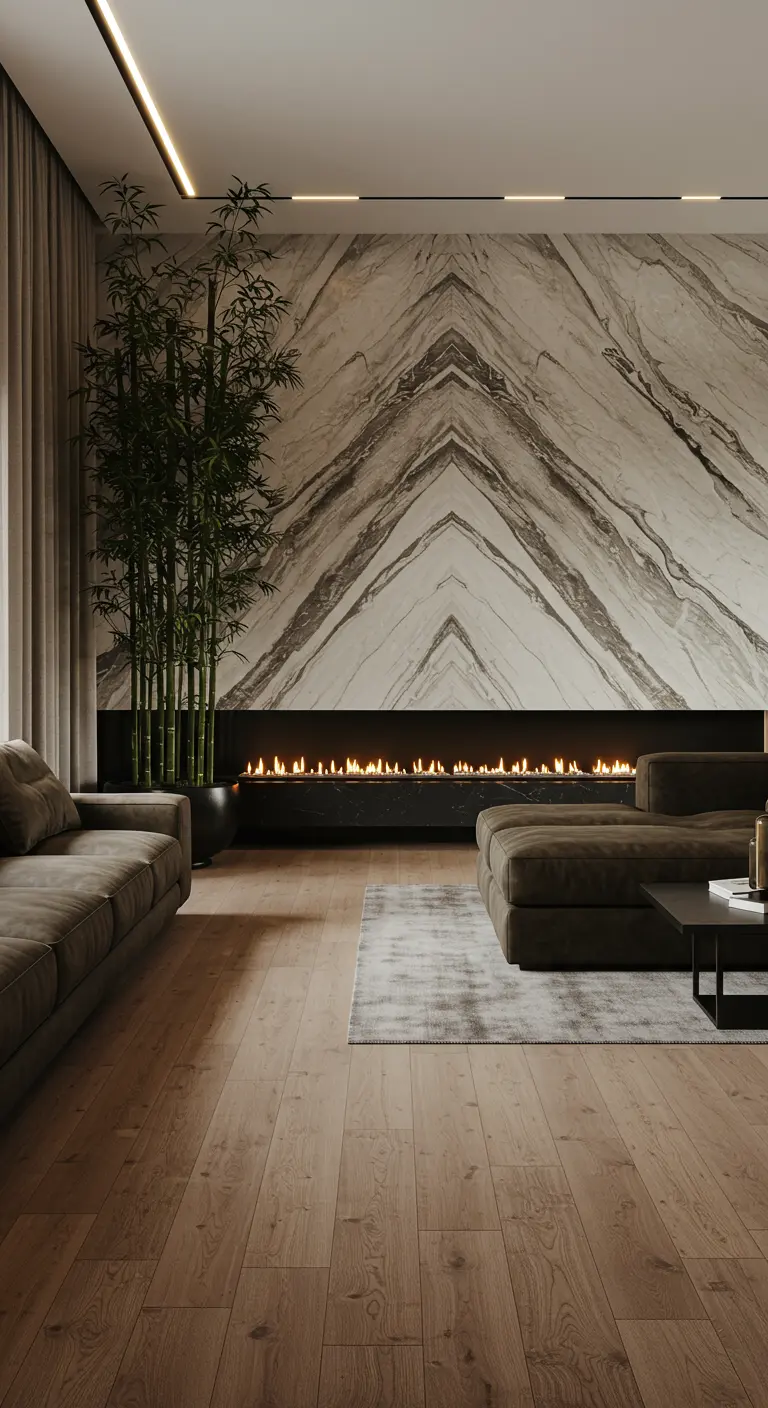 Sala de estar de lujo con pared de mármol veteado, chimenea lineal y planta de bambú.