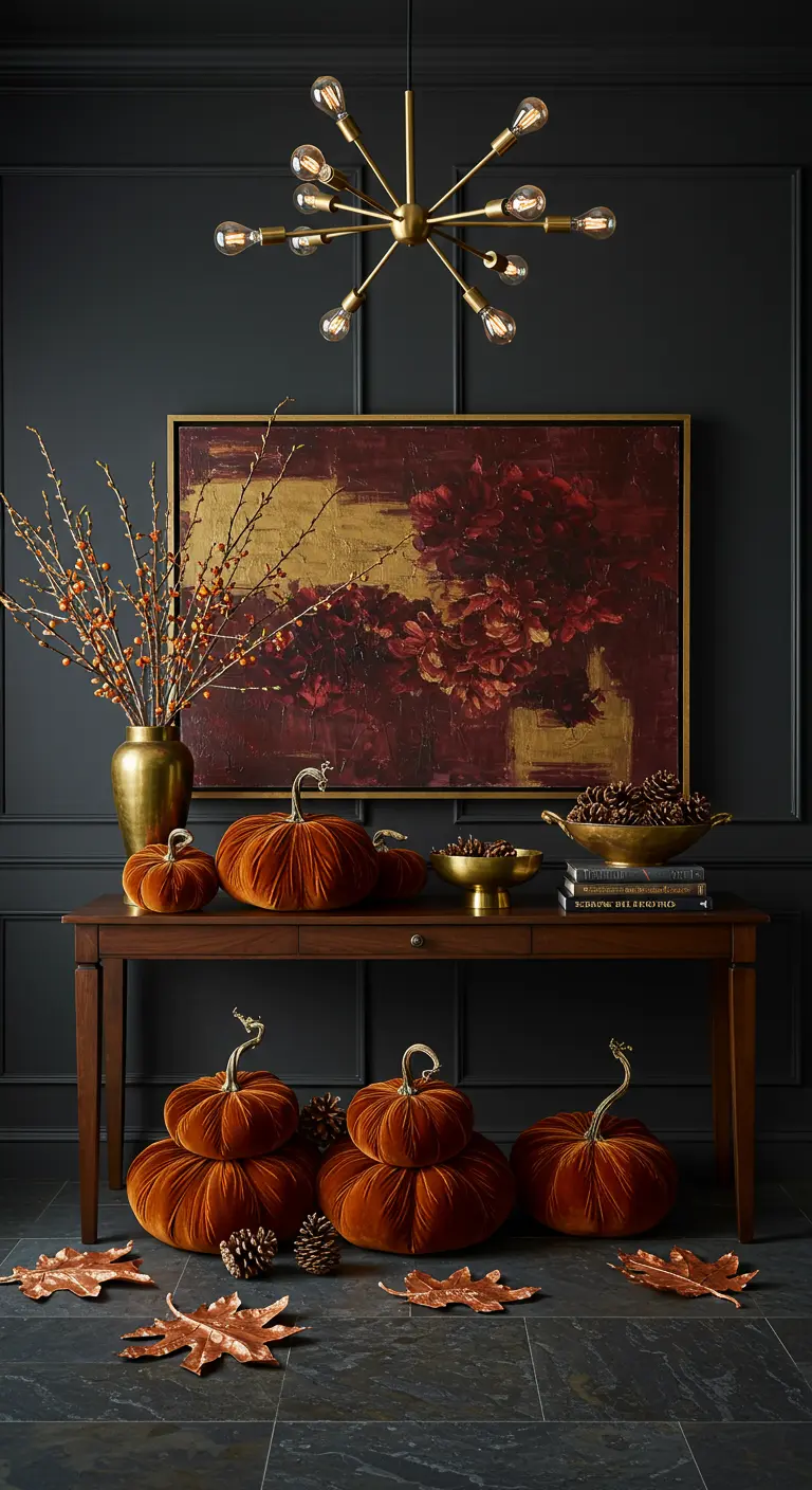 Recibidor elegante con paredes oscuras, calabazas de terciopelo, detalles dorados y un cuadro abstracto.
