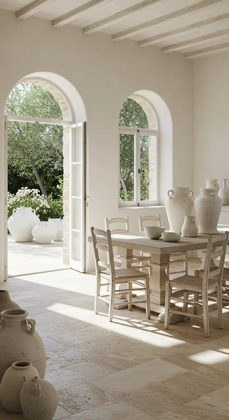 Comedor luminoso de estilo mediterráneo con paredes blancas, muebles de madera clara y vasijas de cerámica.