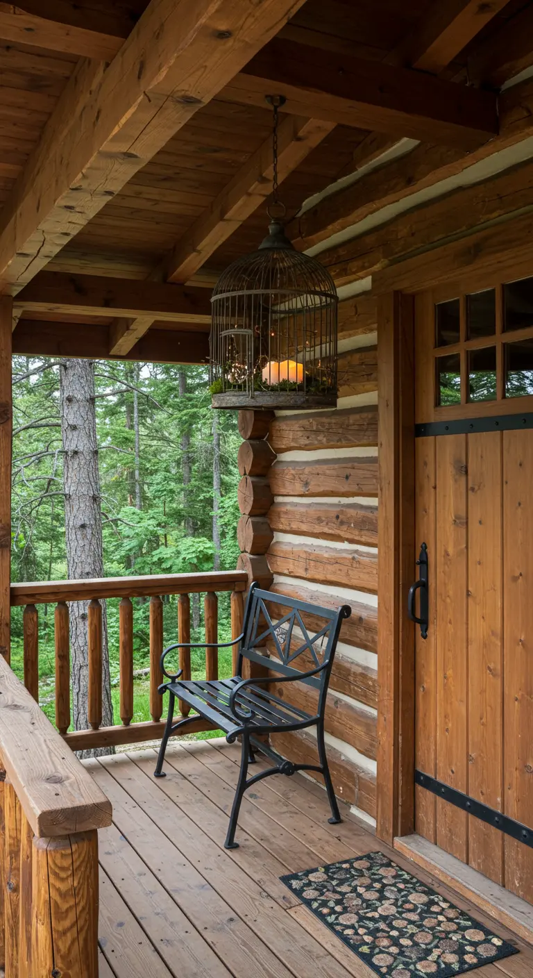 Jaula de metal oscuro con velas colgando como lámpara en el porche de una cabaña de madera.