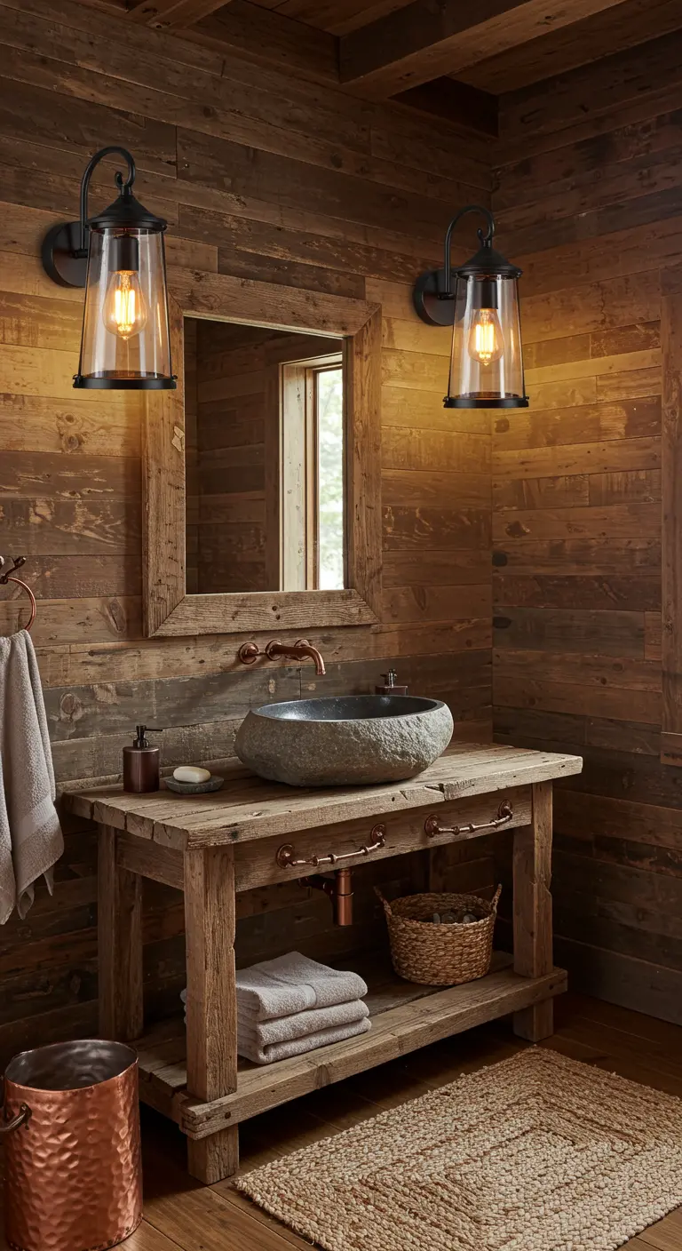 Baño rústico con paredes de madera y dos apliques solares estilo farol a cada lado del espejo.