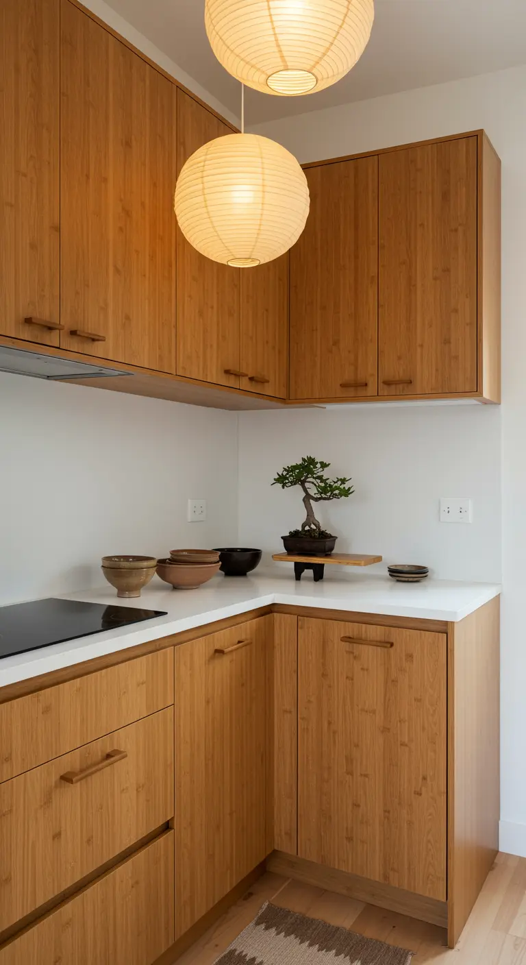 Esquina de cocina minimalista con armarios de bambú, encimera blanca y lámparas de papel.