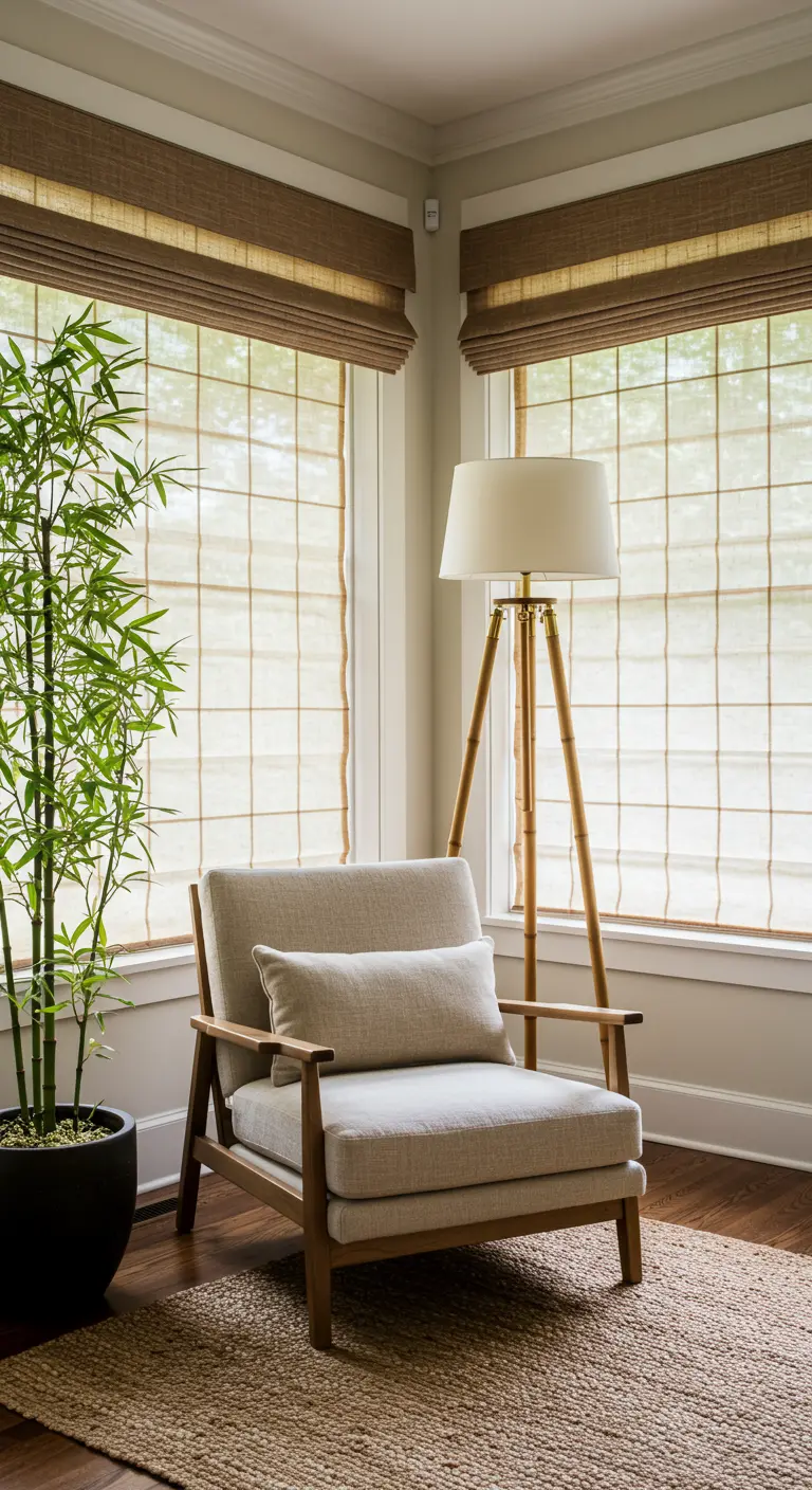 Rincón de lectura con sillón de lino, lámpara de pie de madera y estores de bambú.