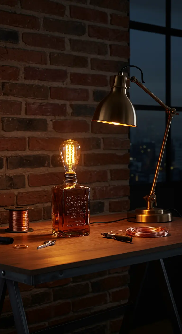 Lámpara de botella de whisky con una bombilla Edison vintage sobre un escritorio de madera.