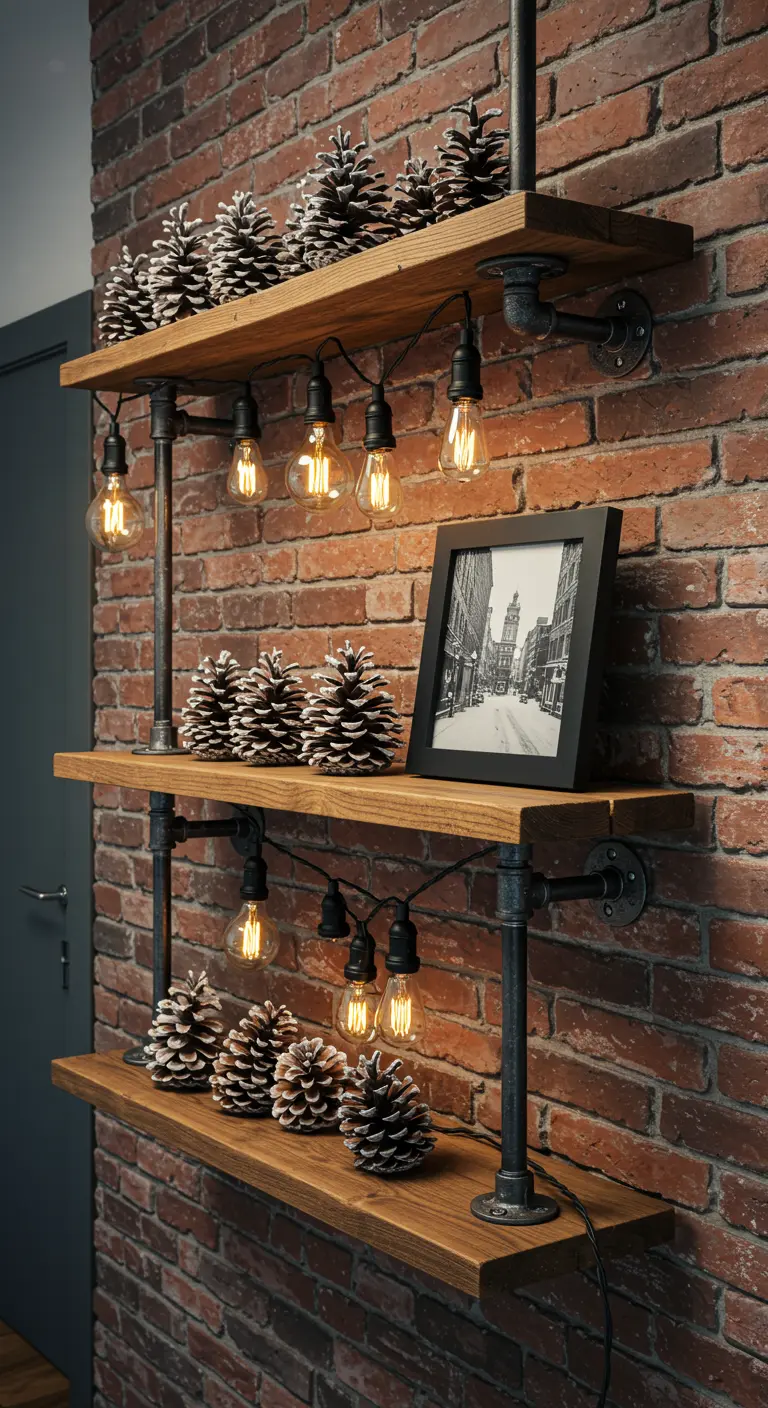 Estanterías de estilo industrial con tuberías, bombillas Edison y piñas sobre una pared de ladrillo.
