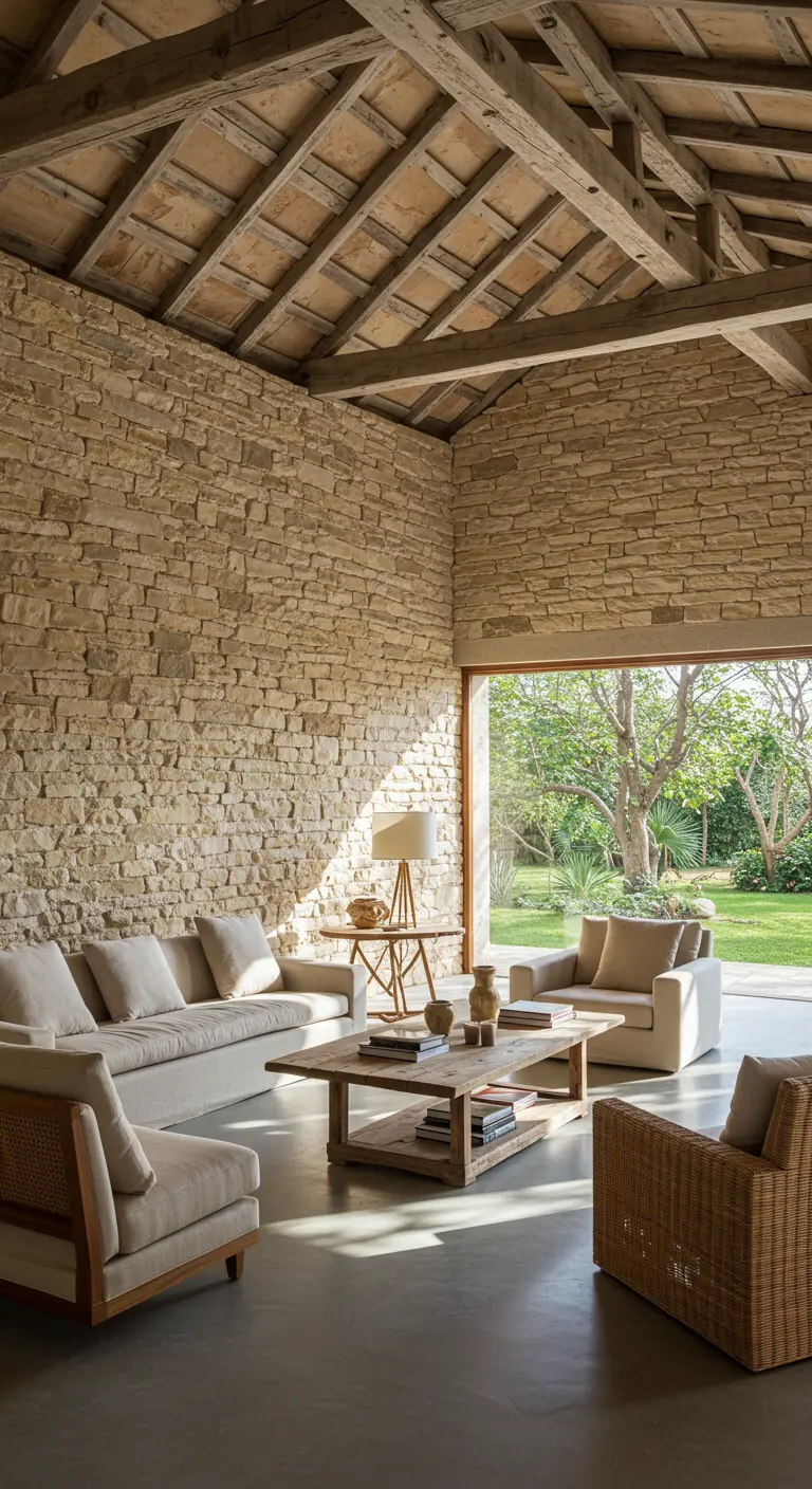 Salón moderno y luminoso con pared de piedra clara, sofás de lino y vistas al jardín.