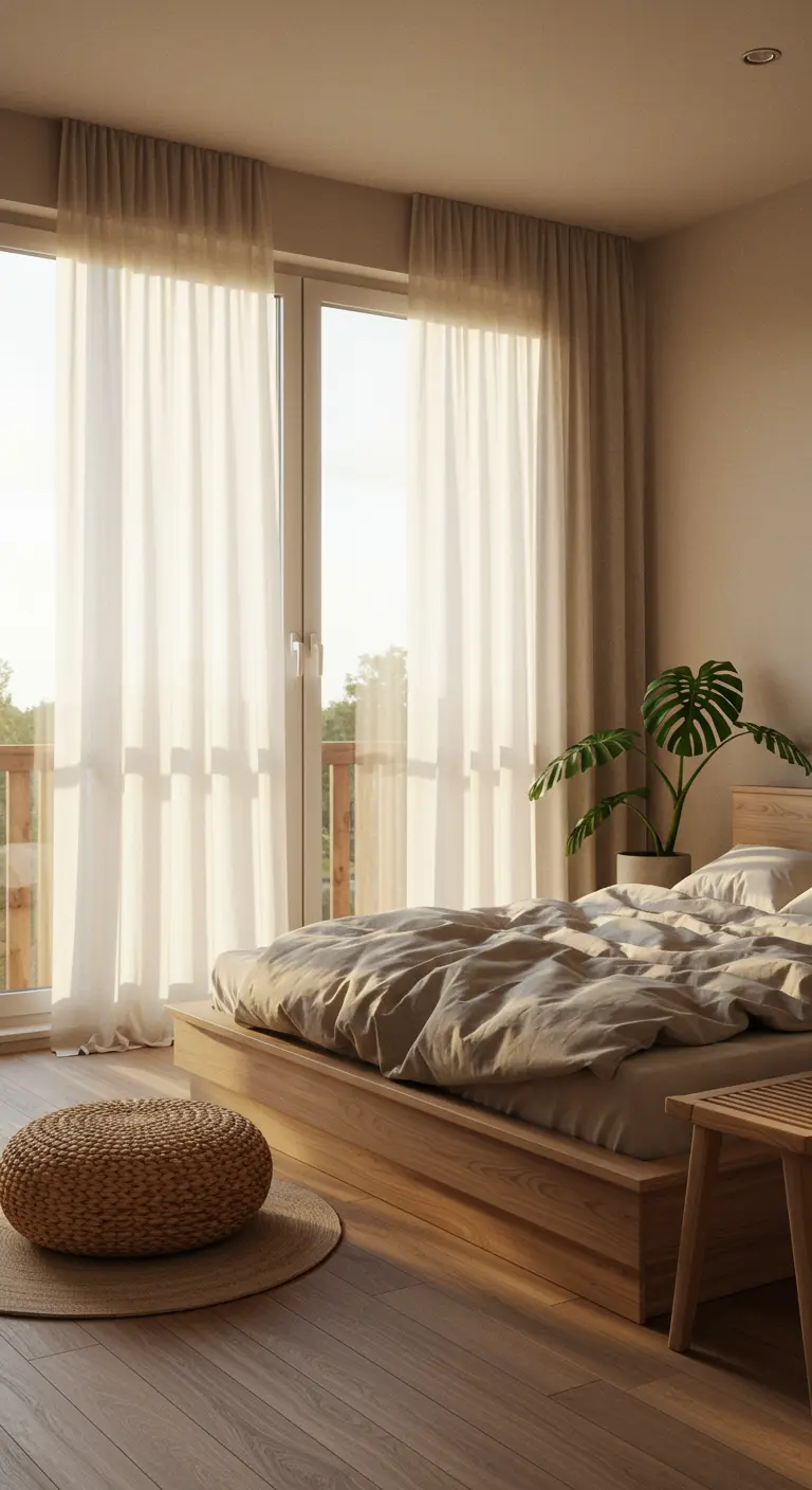 Dormitorio minimalista con cama baja de madera, grandes ventanales y puf de yute.