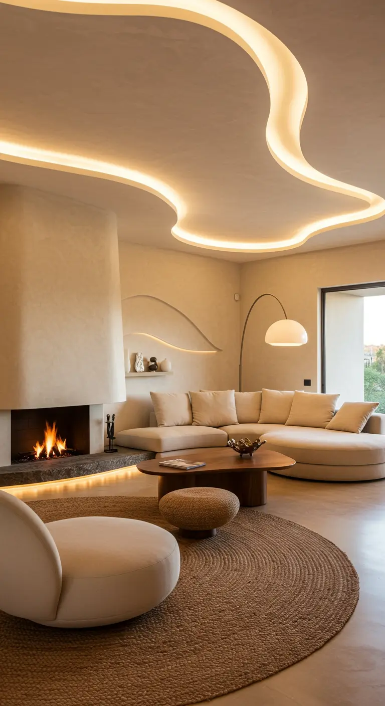 Techo de una sala de estar con líneas de luz LED empotradas que forman curvas orgánicas y fluidas.
