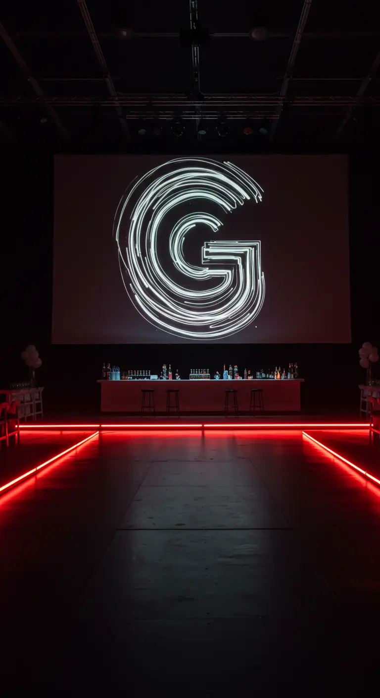Letra 'G' animada proyectada en una gran pantalla en un evento oscuro con luces rojas.