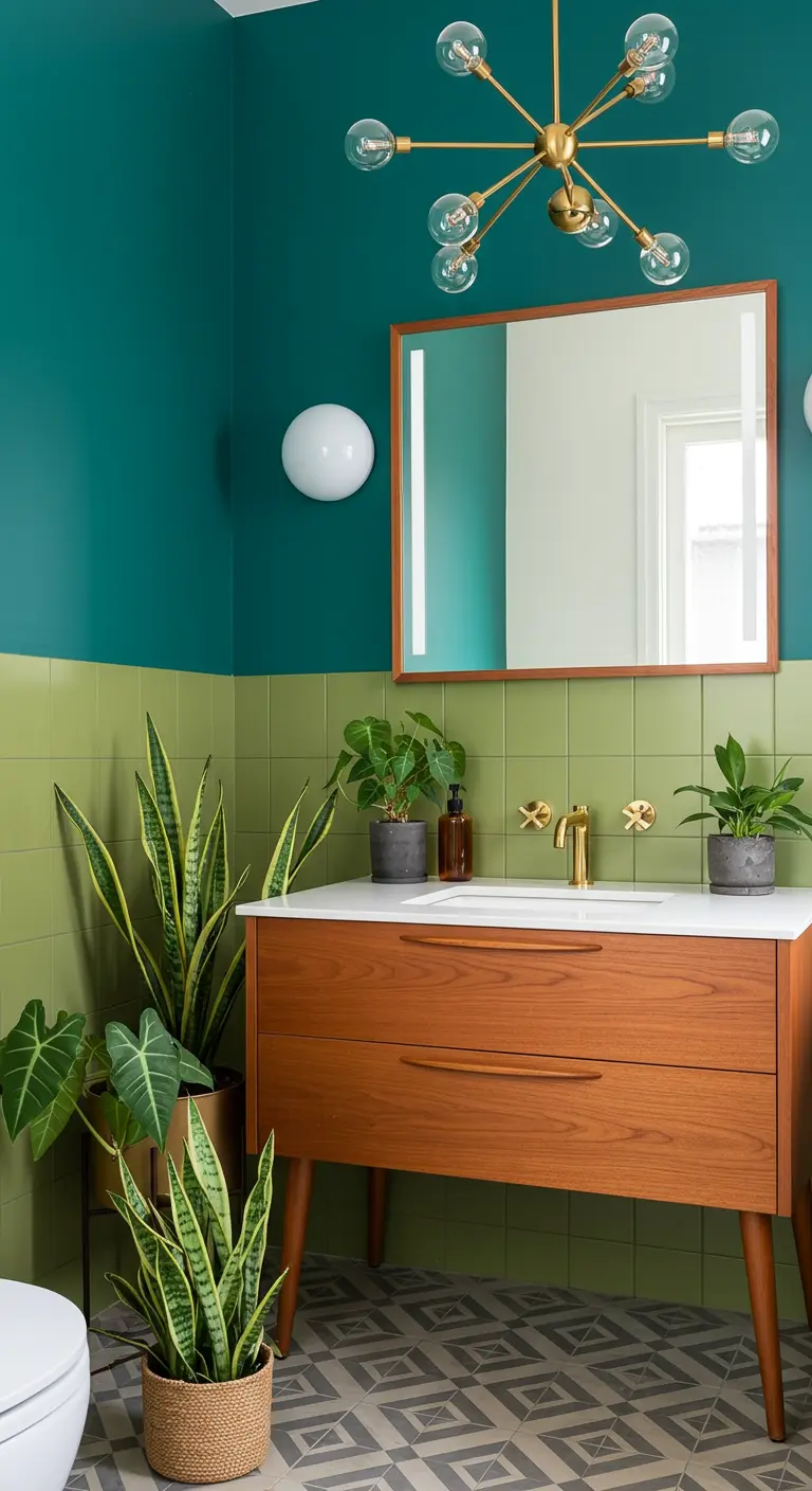 Baño de estilo Mid-Century con paredes de dos tonos de verde y muebles de teca.