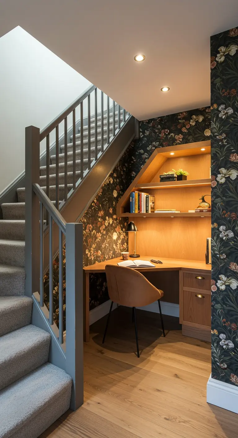 Oficina empotrada bajo una escalera con papel tapiz floral y escritorio de madera.
