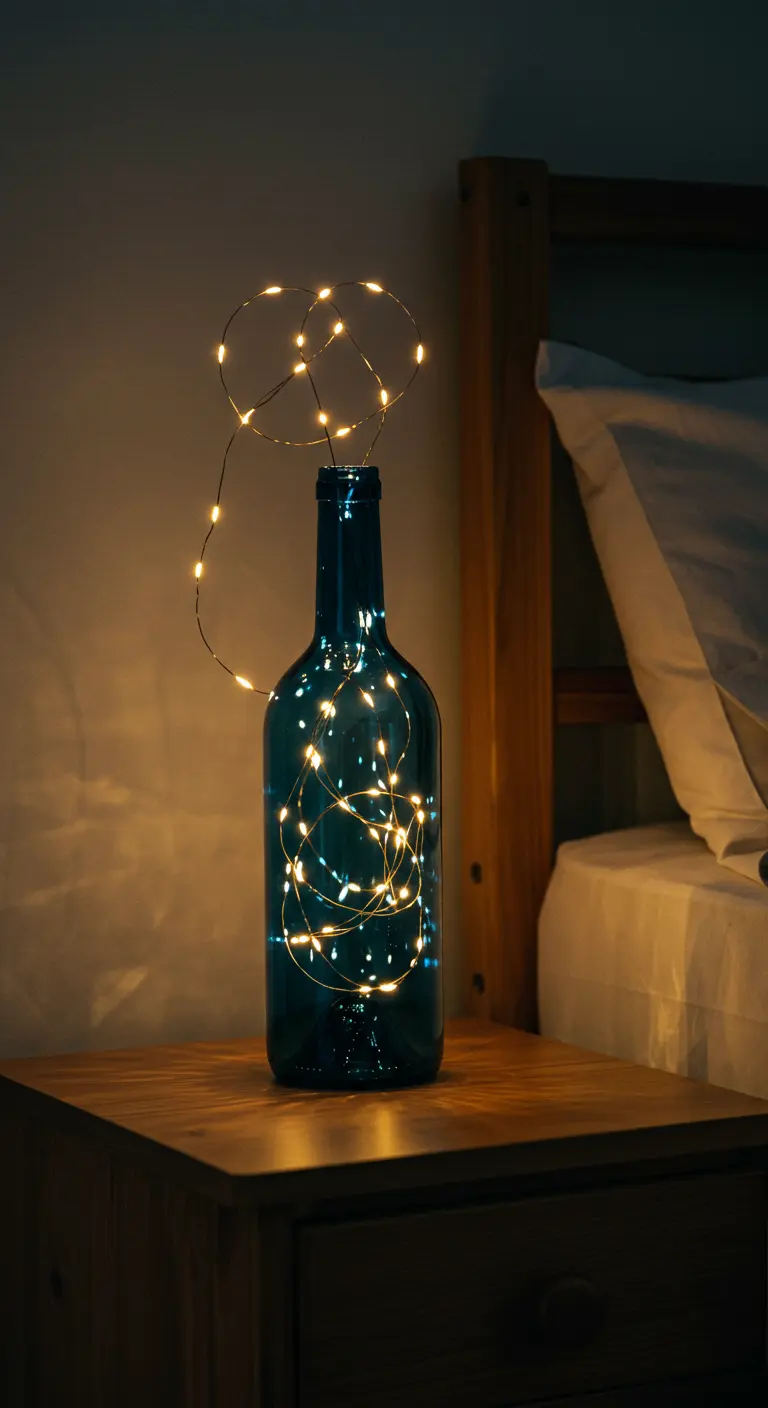 Botella de vidrio oscuro con una guirnalda de luces LED cálidas en su interior, sobre una mesita.
