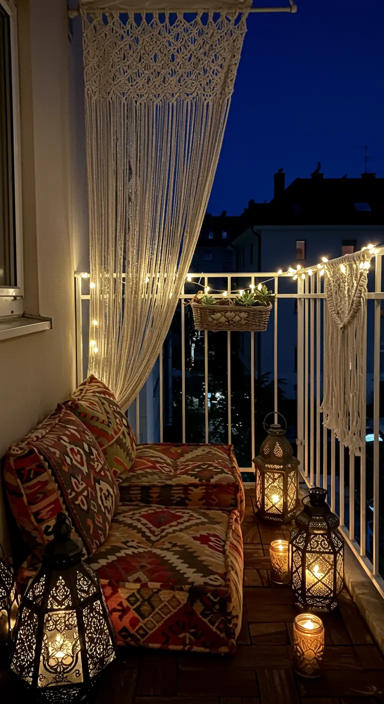 Balcón pequeño de noche con cojines étnicos, cortina de macramé y luces cálidas.