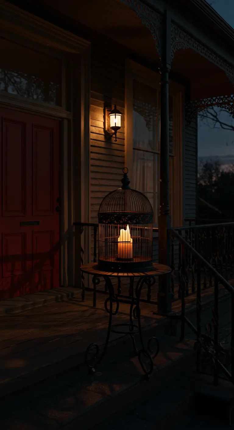 Jaula de pájaros de hierro forjado con una vela LED encendida en un porche oscuro.