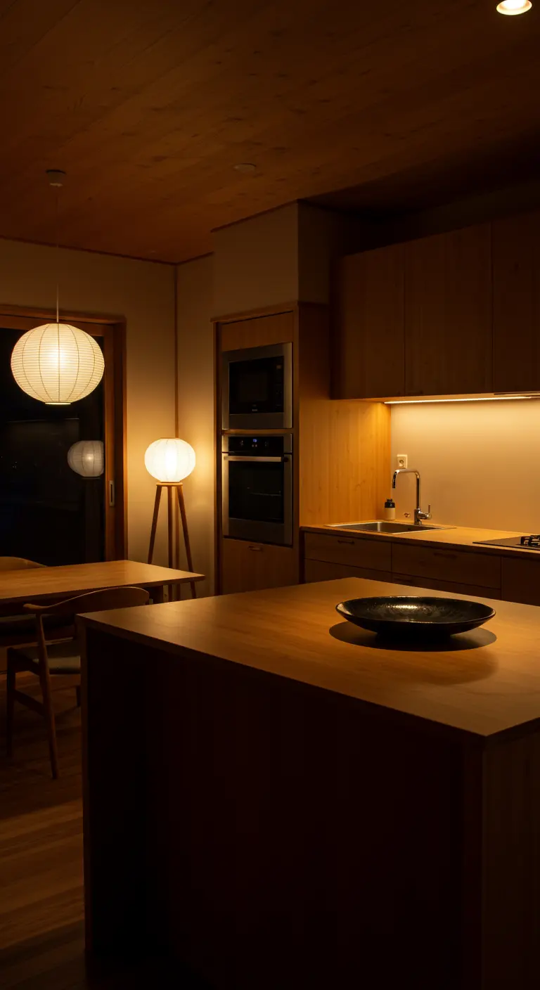 Cocina de madera con iluminación cálida y tenue por la noche, con lámparas de papel.