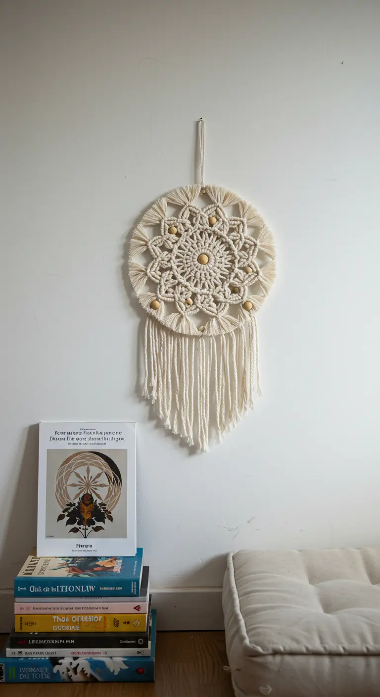 Atrapasueños de macramé estilo mandala con cuentas de madera, colgado sobre una pila de libros.
