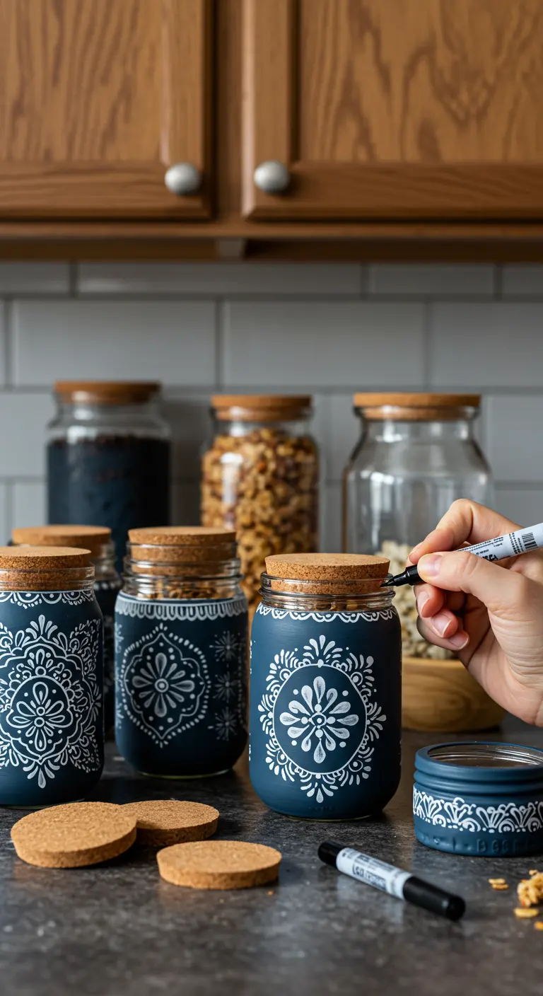 Frascos de color azul oscuro pintados con intrincados patrones de mandalas blancos y tapones de corcho.