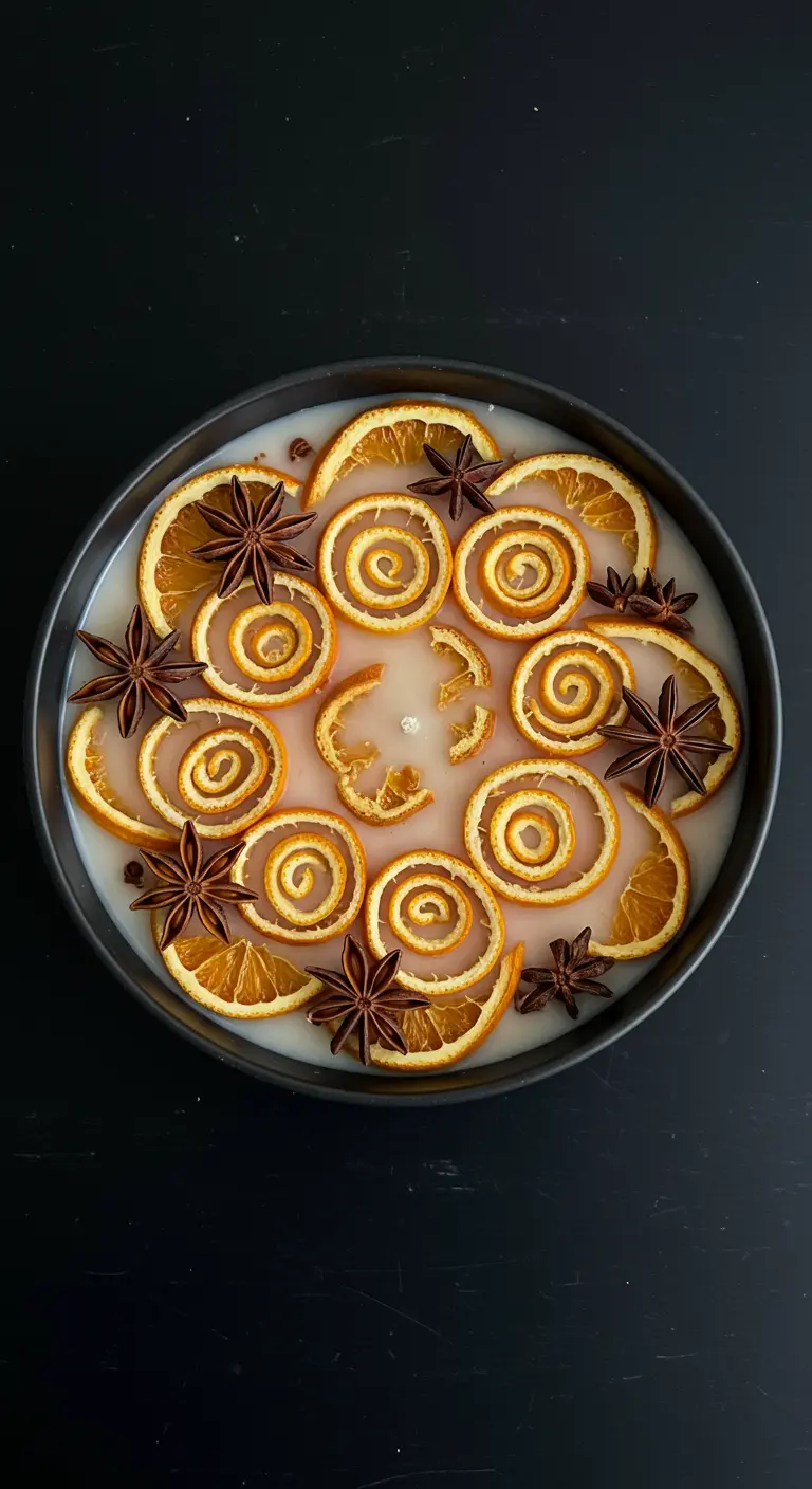 Vela redonda y plana decorada con espirales de piel de naranja y anís estrellado.