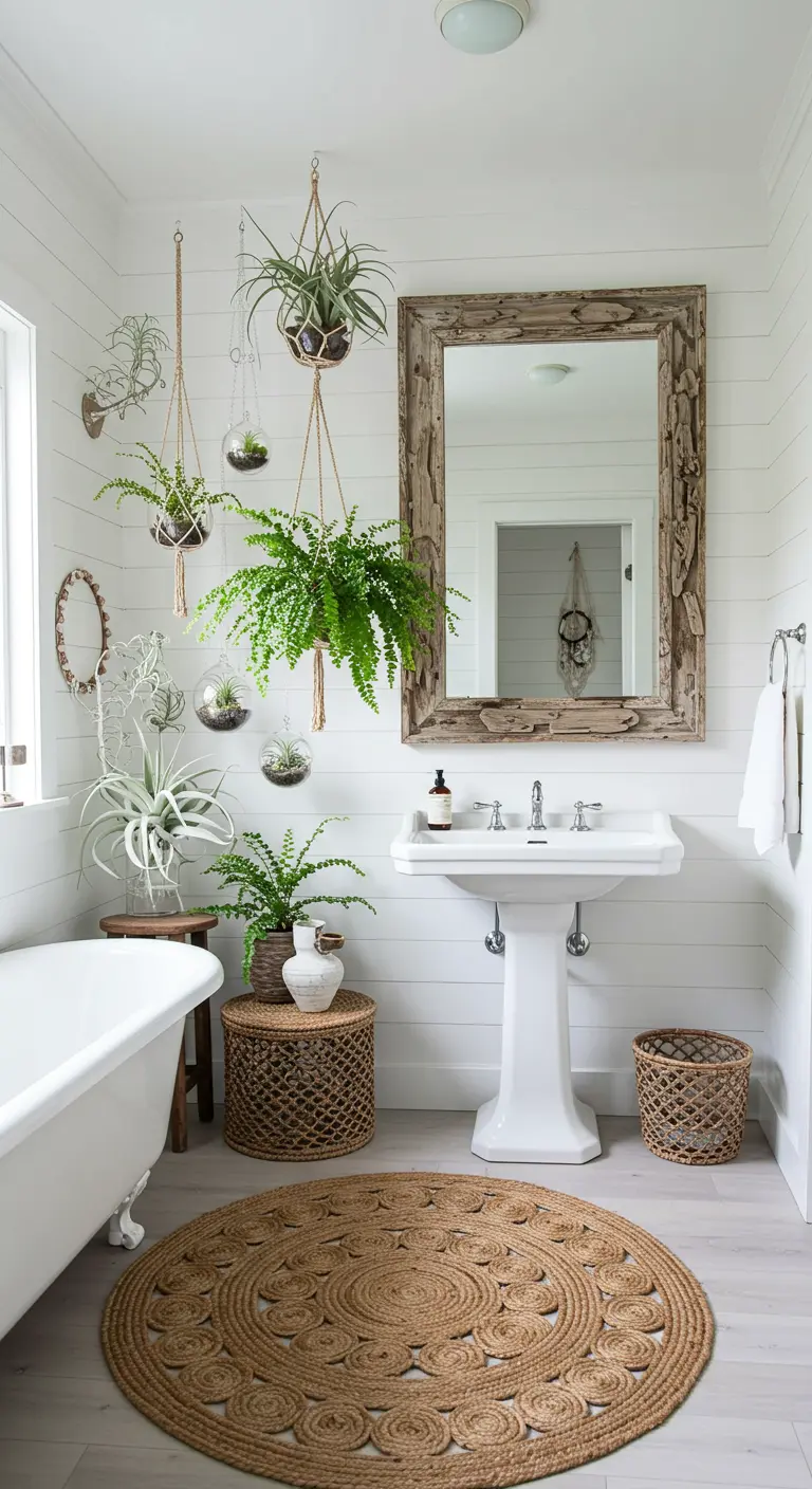 Baño de estilo costero con paredes blancas, plantas colgantes, espejo de madera y alfombra de yute.