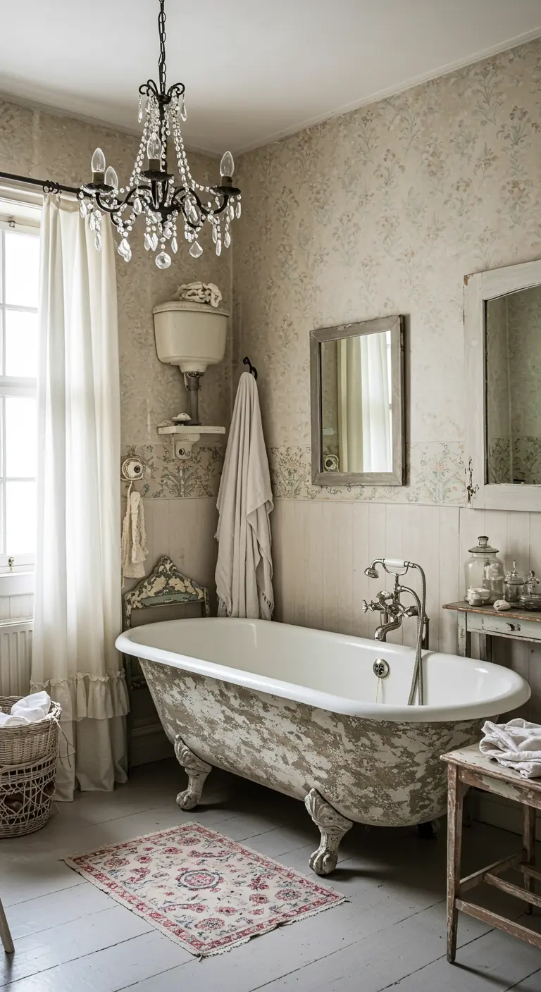 Baño shabby chic con bañera desgastada, papel pintado floral y lámpara de araña de cristal.