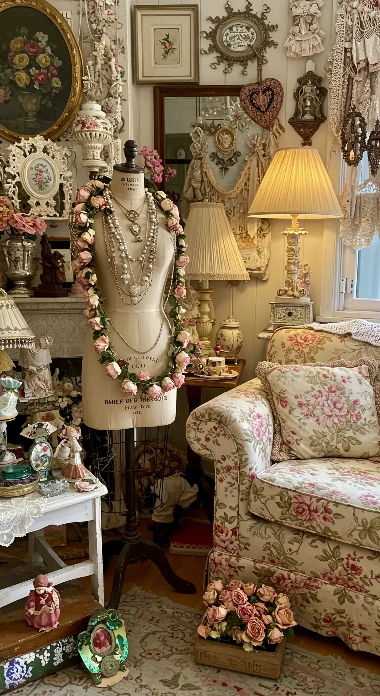 Rincón de salón maximalista con un maniquí decorado con un collar de rosas secas y perlas