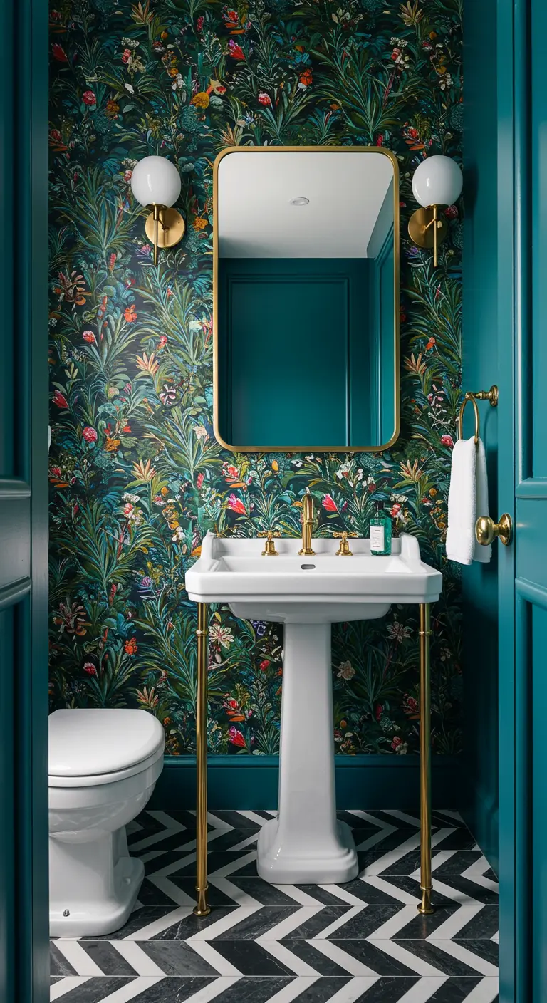 Baño pequeño y vibrante con papel tapiz de jungla, molduras en azul verdoso y acentos dorados.