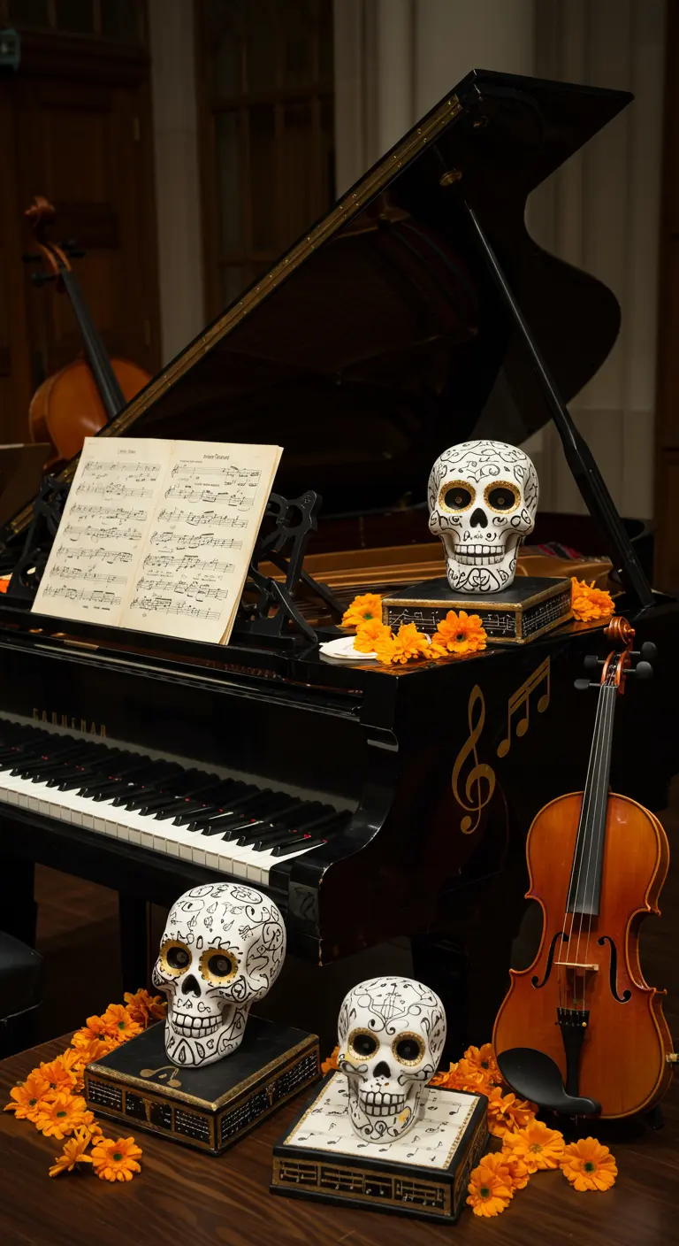 Calaveras decoradas sobre un piano de cola junto a un violín y partituras.