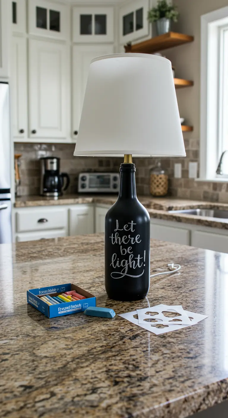 Lámpara de botella de vino pintada con pintura de pizarra negra y con un mensaje escrito.