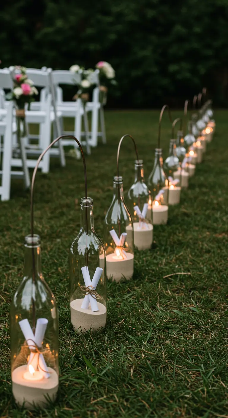 Pasillo de boda en el césped con botellas de vidrio que contienen arena, velas y mensajes enrollados.