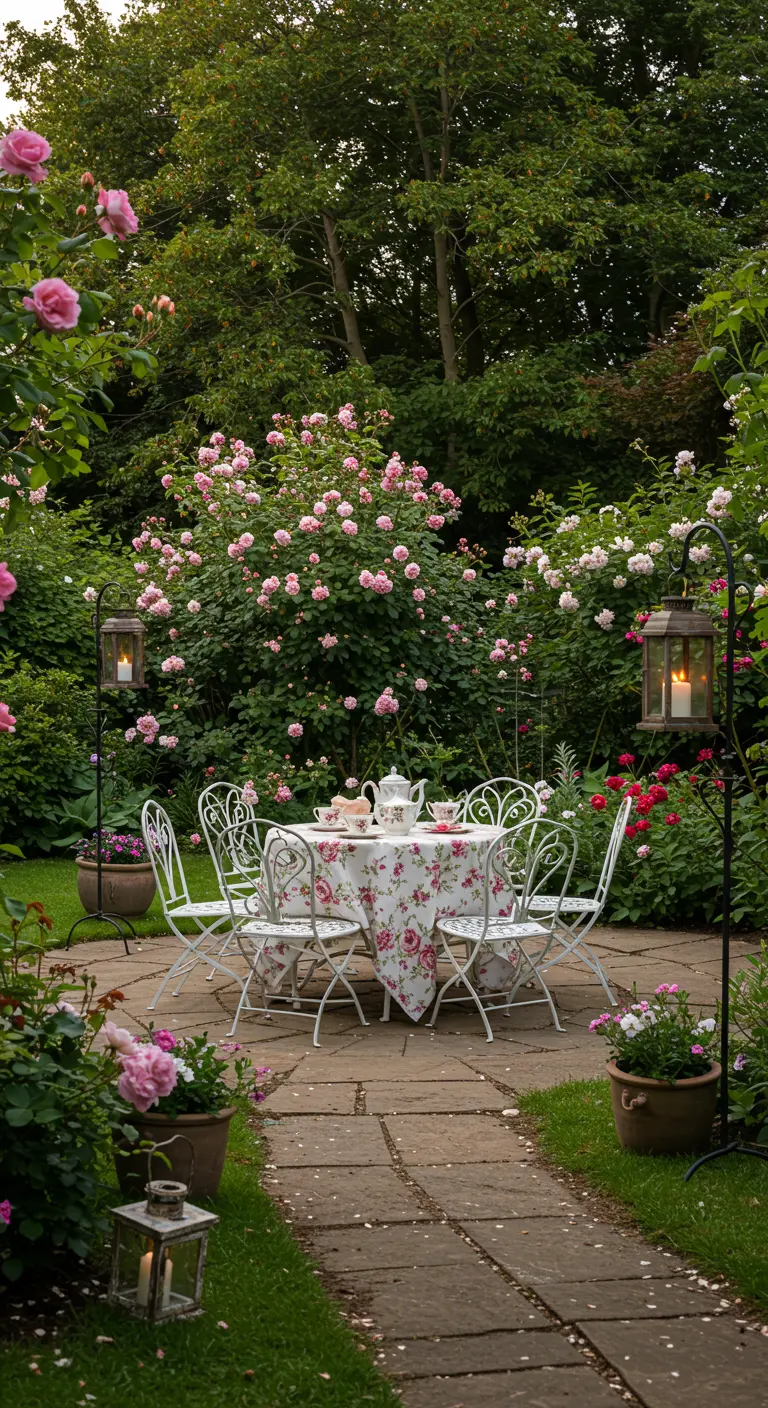 Mesa de té servida en un jardín de rosas con muebles de hierro forjado blancos y faroles de pie