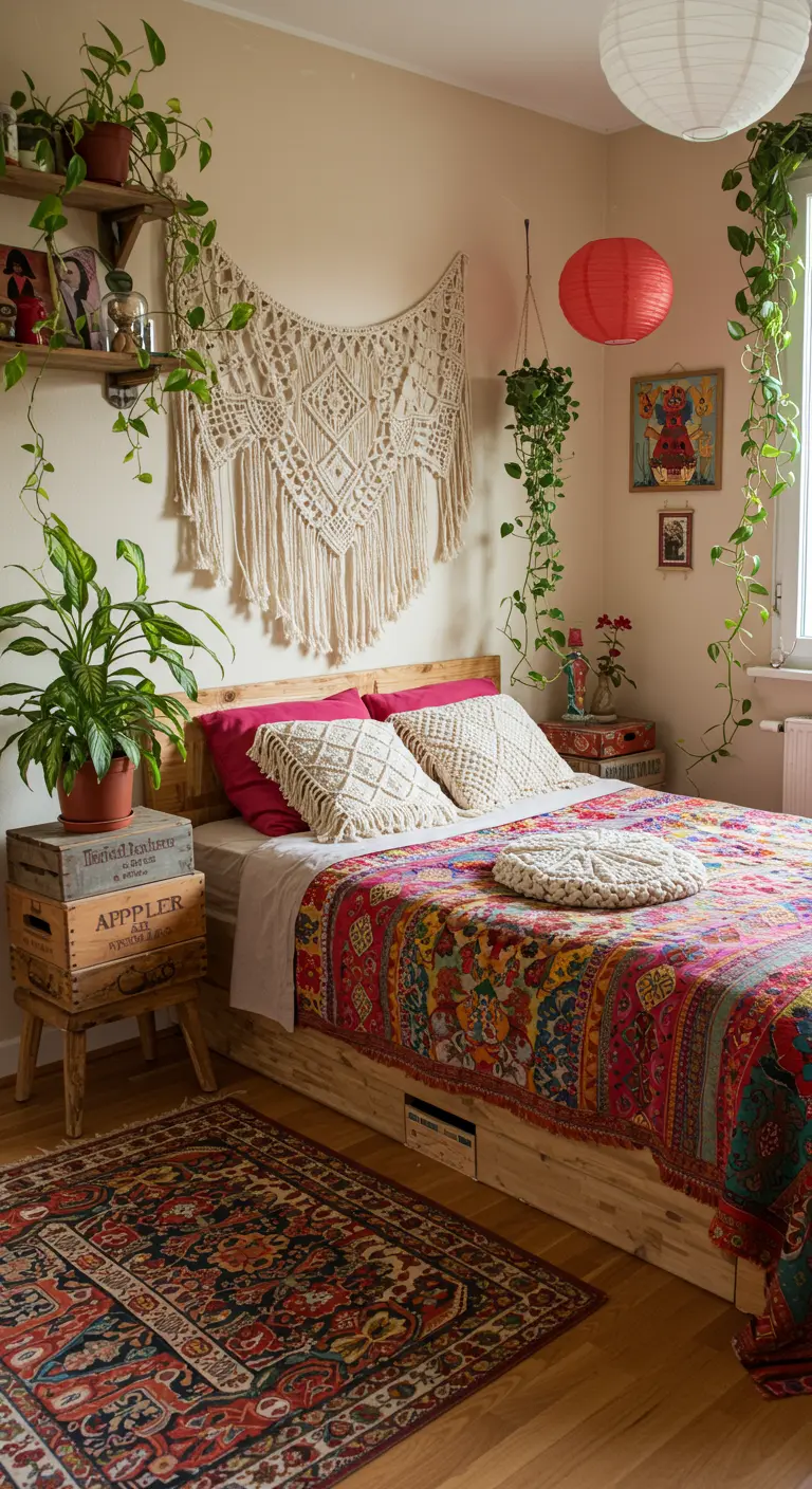 Dormitorio bohemio con cajas de madera apiladas como mesitas de noche, lleno de plantas y textiles.