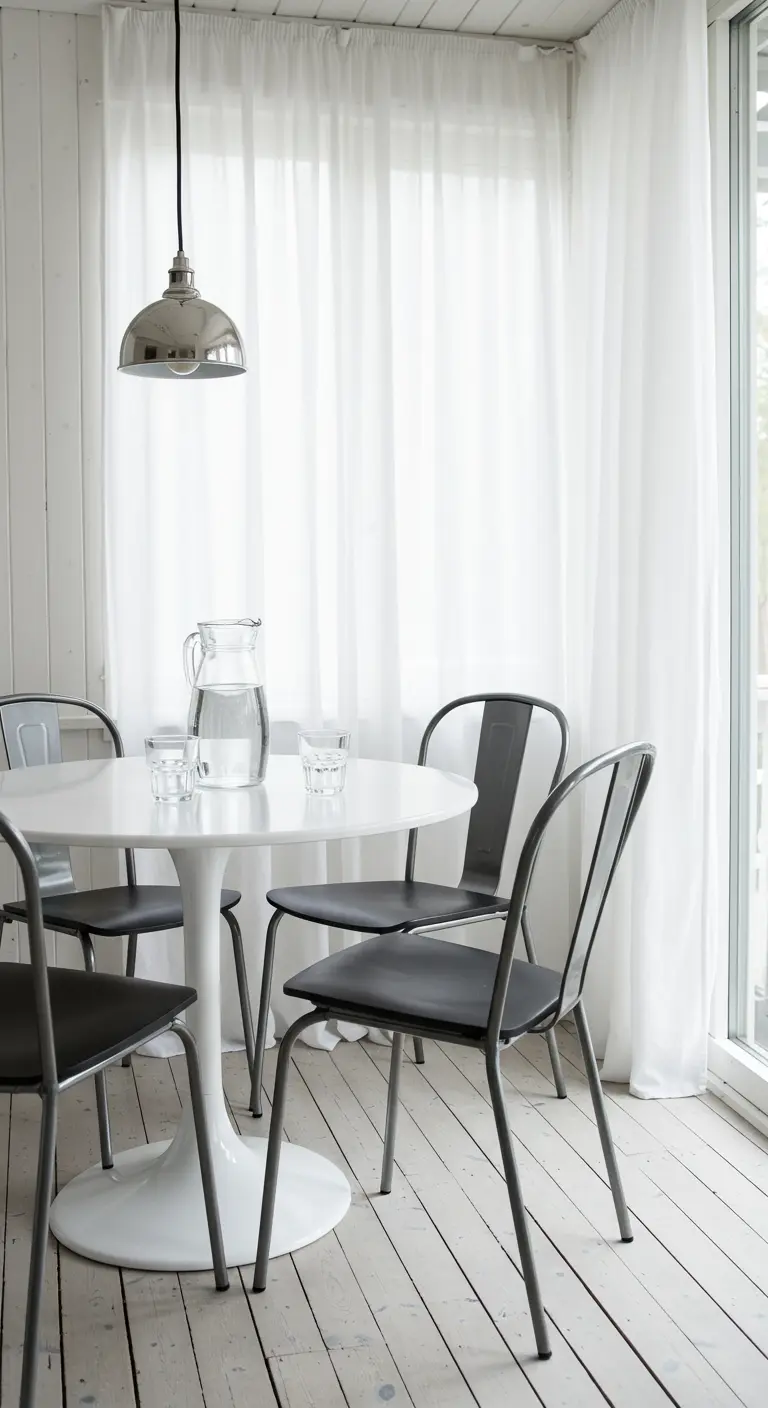 Comedor luminoso con mesa redonda blanca, sillas de metal oscuro y una lámpara cromada.
