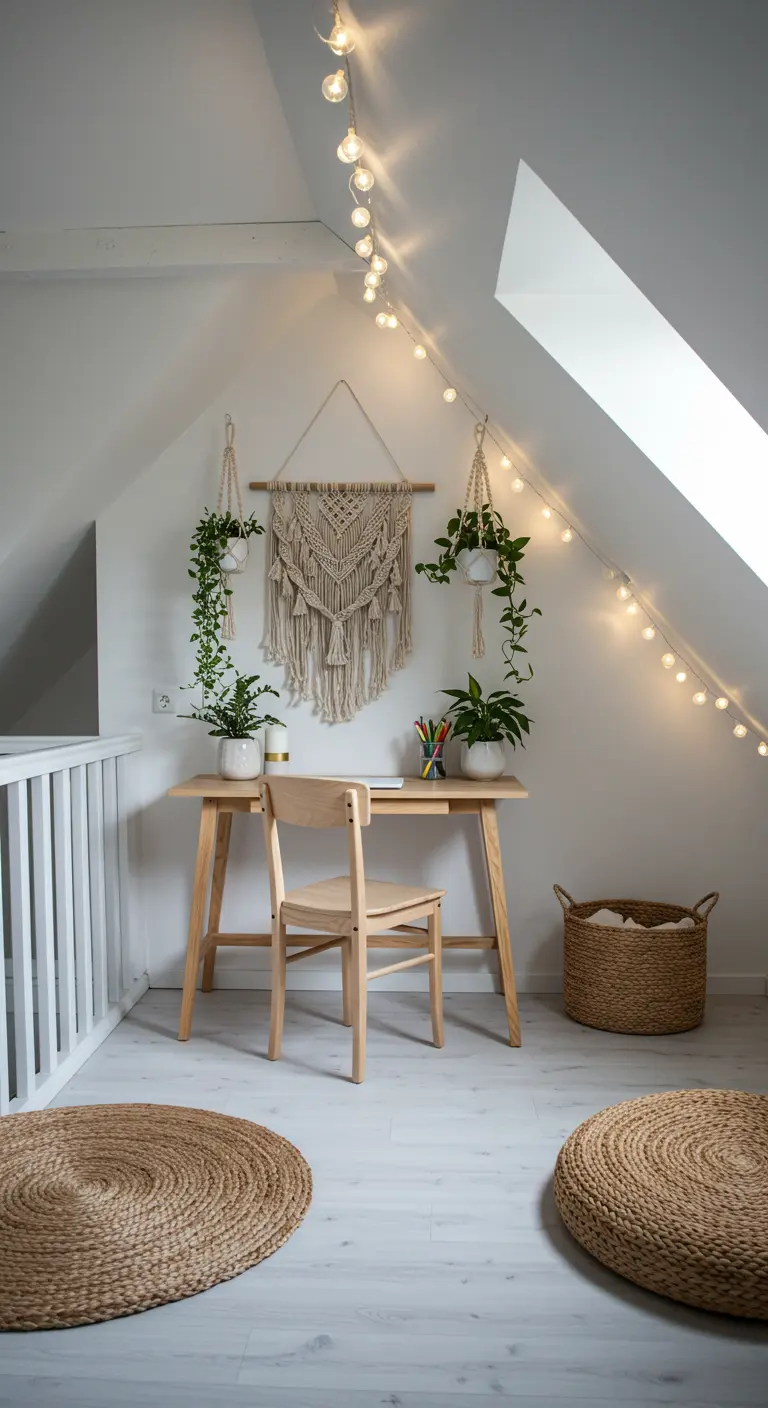 Espacio de trabajo minimalista en ático blanco con macramé, plantas colgantes y luces de feria.
