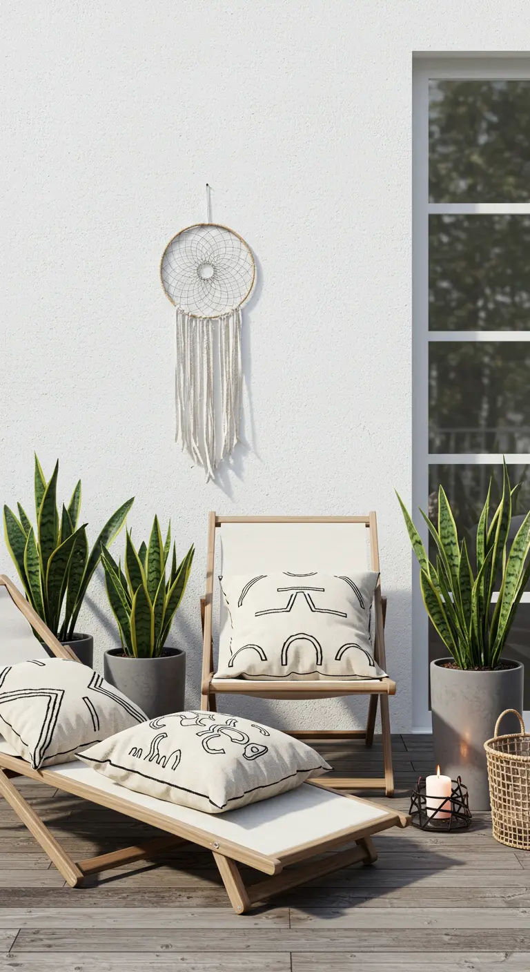 Patio minimalista con tumbonas de madera, cojines gráficos en blanco y negro, y un atrapasueños.