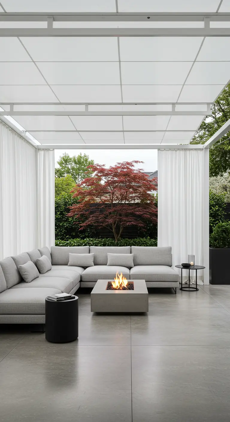 Patio moderno con pérgola blanca, cortinas, sofá gris y un fogón central de hormigón.