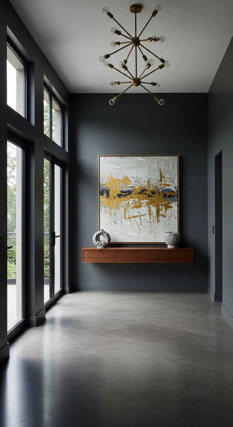 Pasillo moderno con paredes gris oscuro, consola flotante de madera y cuadro abstracto dorado.