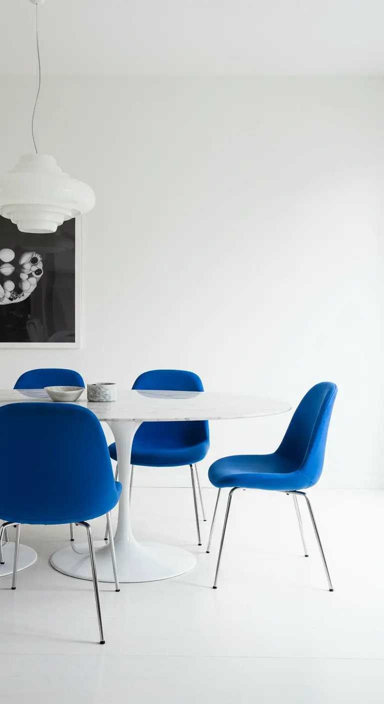 Comedor minimalista blanco con sillas de terciopelo azul Klein y una mesa redonda blanca