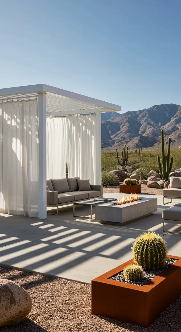Patio moderno en el desierto con pérgola blanca, fogón y maceteros con cactus.