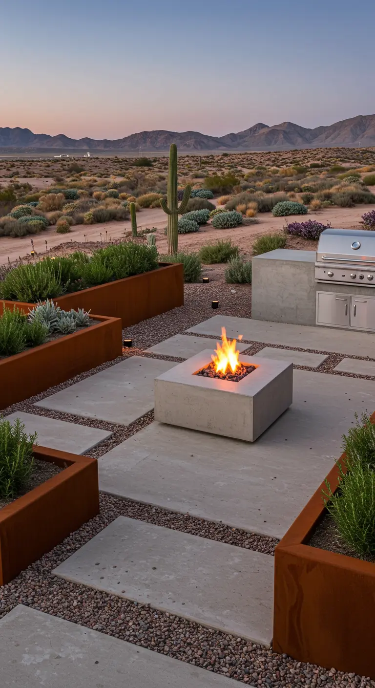 Patio de estilo desértico con jardineras de acero corten, fogón de hormigón y suculentas.
