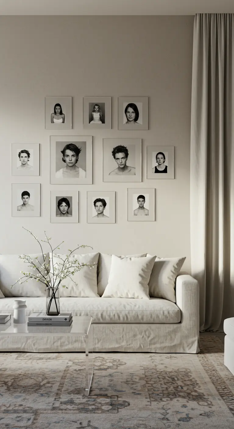 Retratos en blanco y negro en marcos de cristal sin borde en una sala de estar minimalista y luminosa.