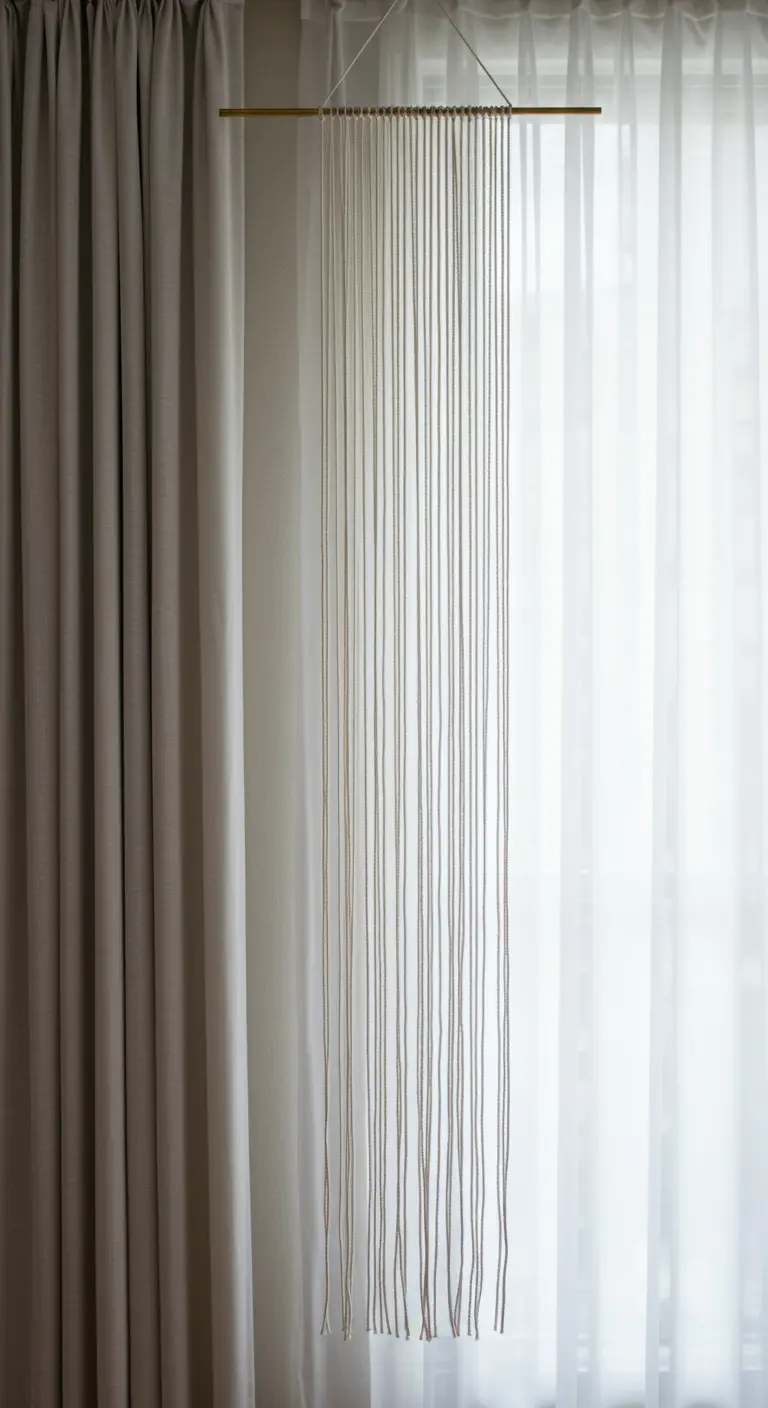 Tapiz de macramé ultra minimalista hecho de cuerdas colgando frente a una ventana.