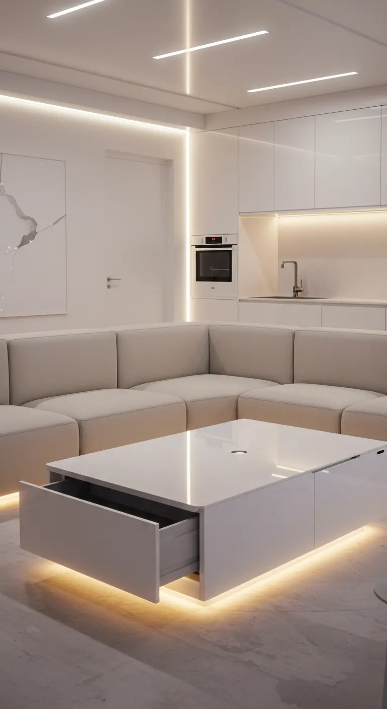Mesa de centro blanca minimalista con un gran cajón y luces LED inferiores.