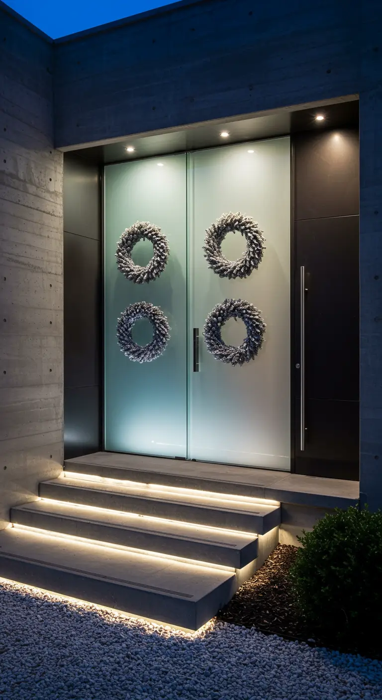 Entrada ultramoderna con puertas de cristal esmerilado, cuatro coronas plateadas y escaleras iluminadas.