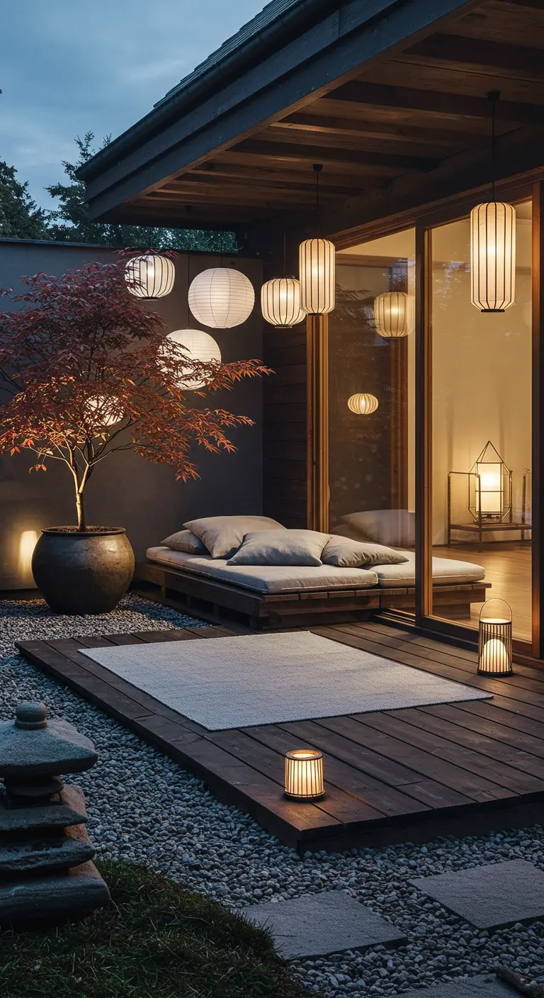 Patio de estilo japonés con tarima de madera, futón, lámparas de papel y un arce japonés