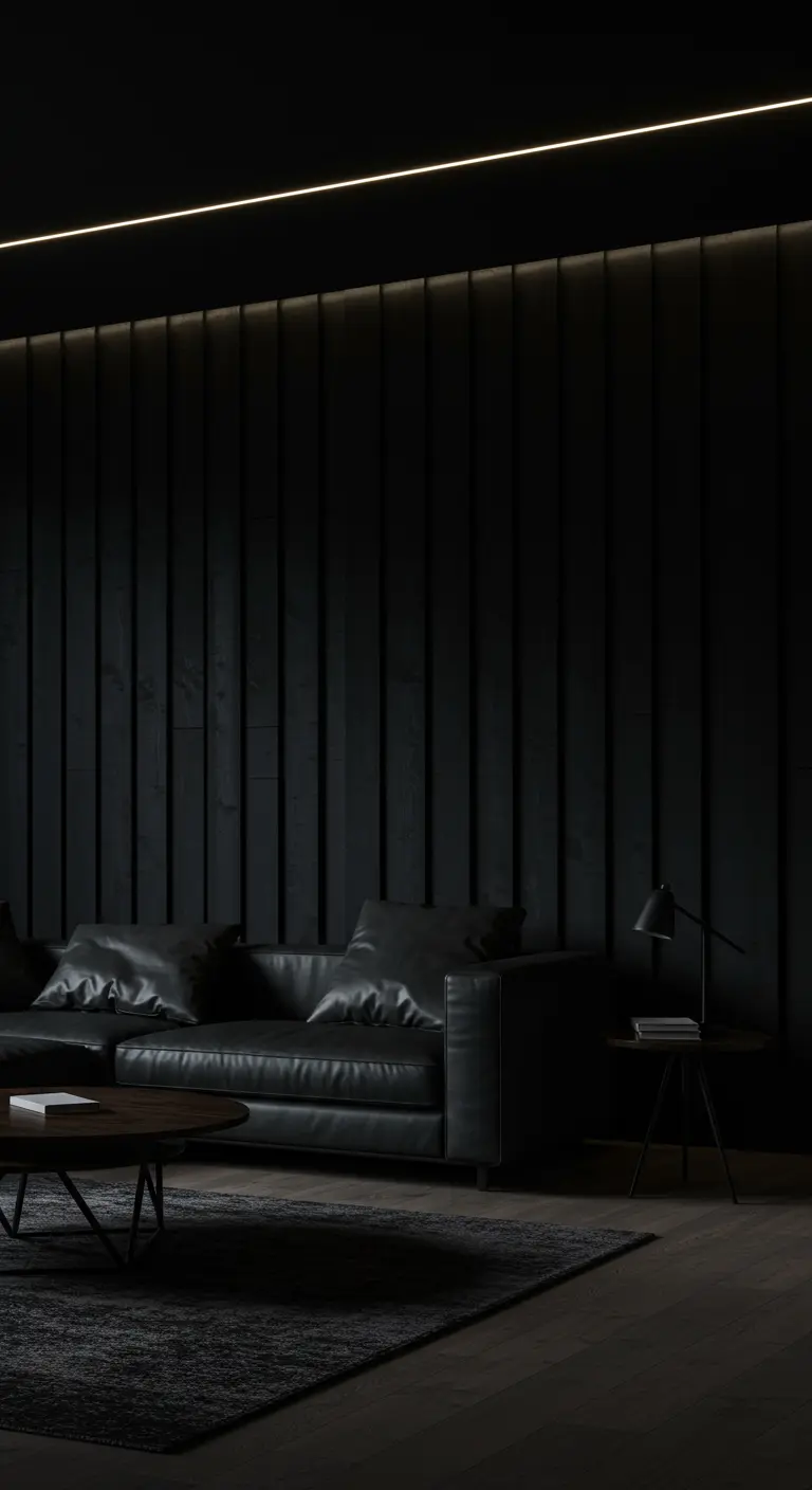 Pared de listones verticales de color negro con una fina línea de luz LED en la parte superior.